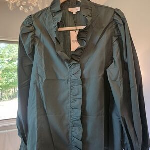 Entro Green Ruffle Neck Blouse Smocked Cuffs New With Tags Medium Size